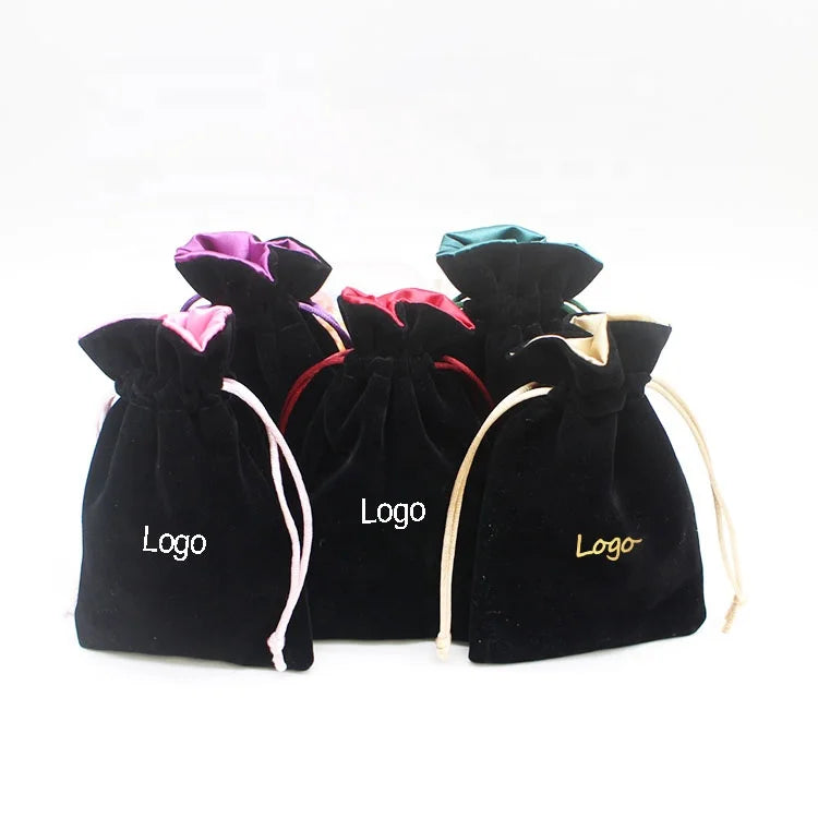 Small Recyclable Velvet Drawstring Pouches with Custom Logo Silk Printed Jewelry and Dice Packing Bags for Gifts