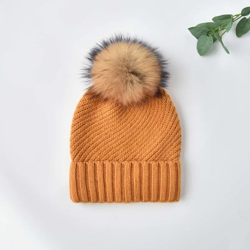 Custom Winter Wool Knitted Hat With Natural Fur Pompom Wide Cuff Loose Slouchy Beanie  Warm Outdoor Hats