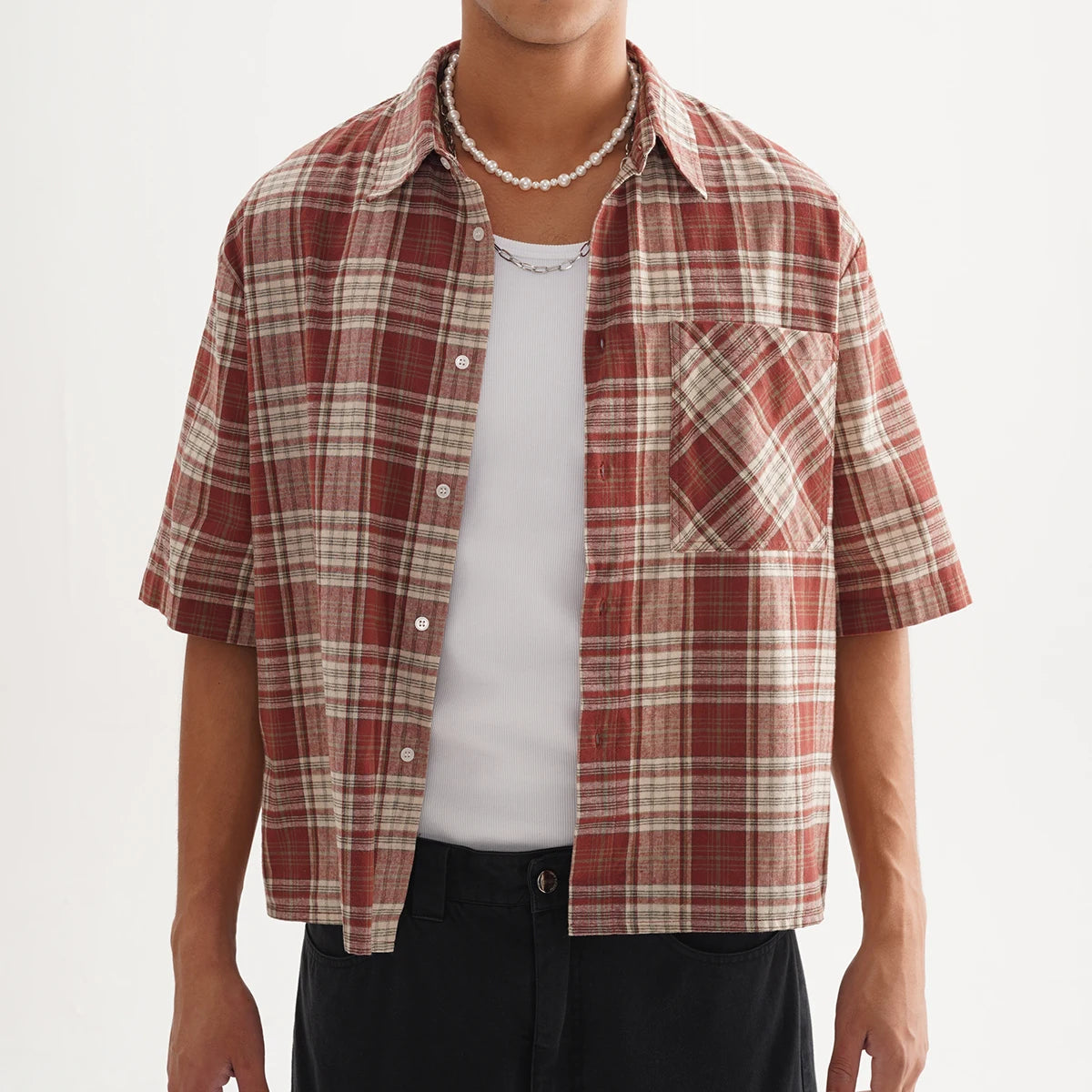 Fashion Short Sleeve Custom Flannels Embroidery Men's Premium Checkered Button up Shirt