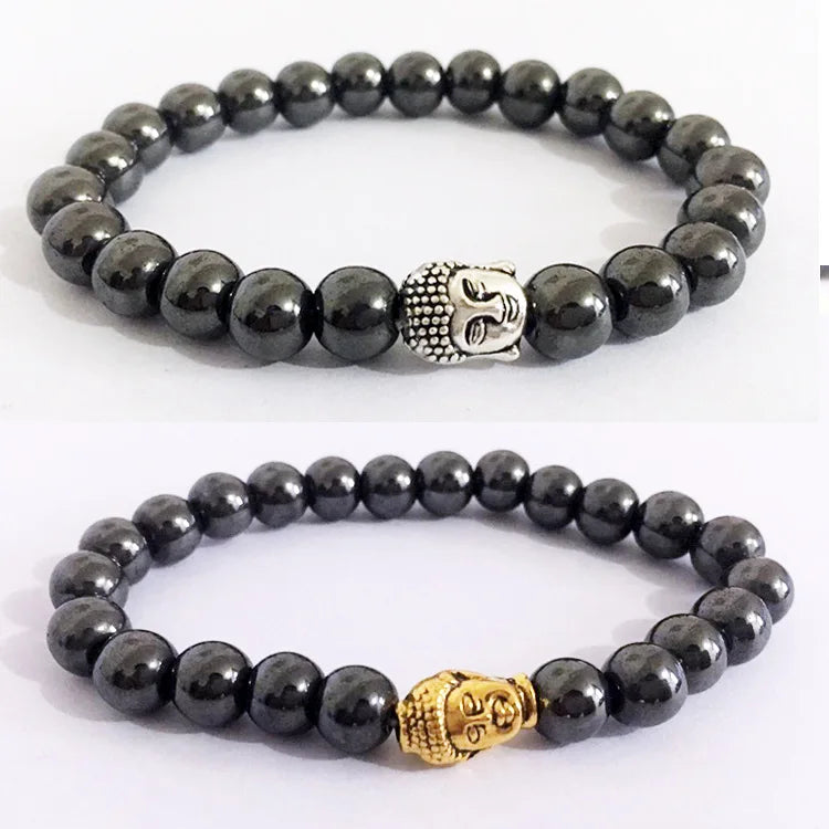 Men's and Women's Alloy Gold and Silver Buddha Head Beaded Bracelet with Black Magnet Fashion Charm Bracelet