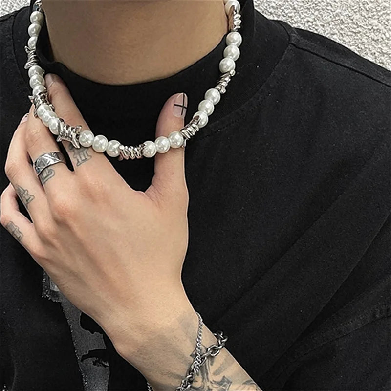 Punk Pearl Thorns Necklaces Fashion Hip Hop Rap Men Women Versatile Beaded Clavicle Chain Necklace