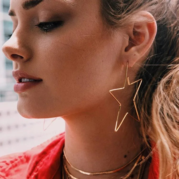 SC Fashion Star Earrings Gold Plated Piecing Drop Earrings Simple Polished Shiny Big Hollow Pentagram Earrings for Women