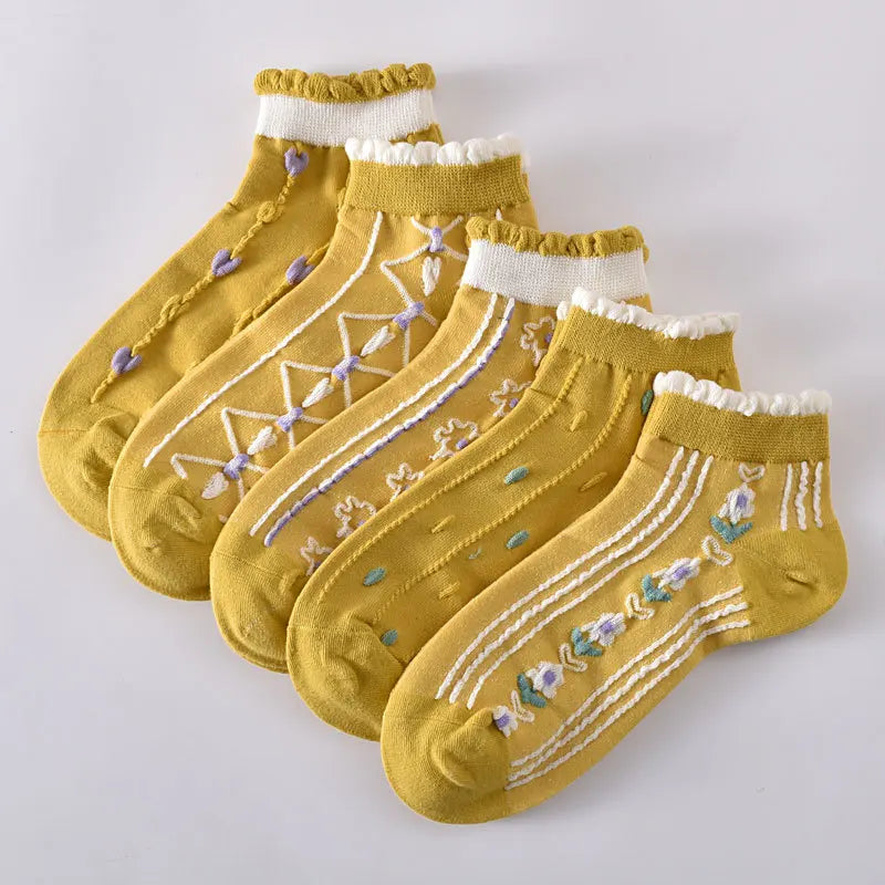 Cotton Socks Three Dimensional Relief Womens Boat Socks Summer New Short Tube Thin Retro Socks