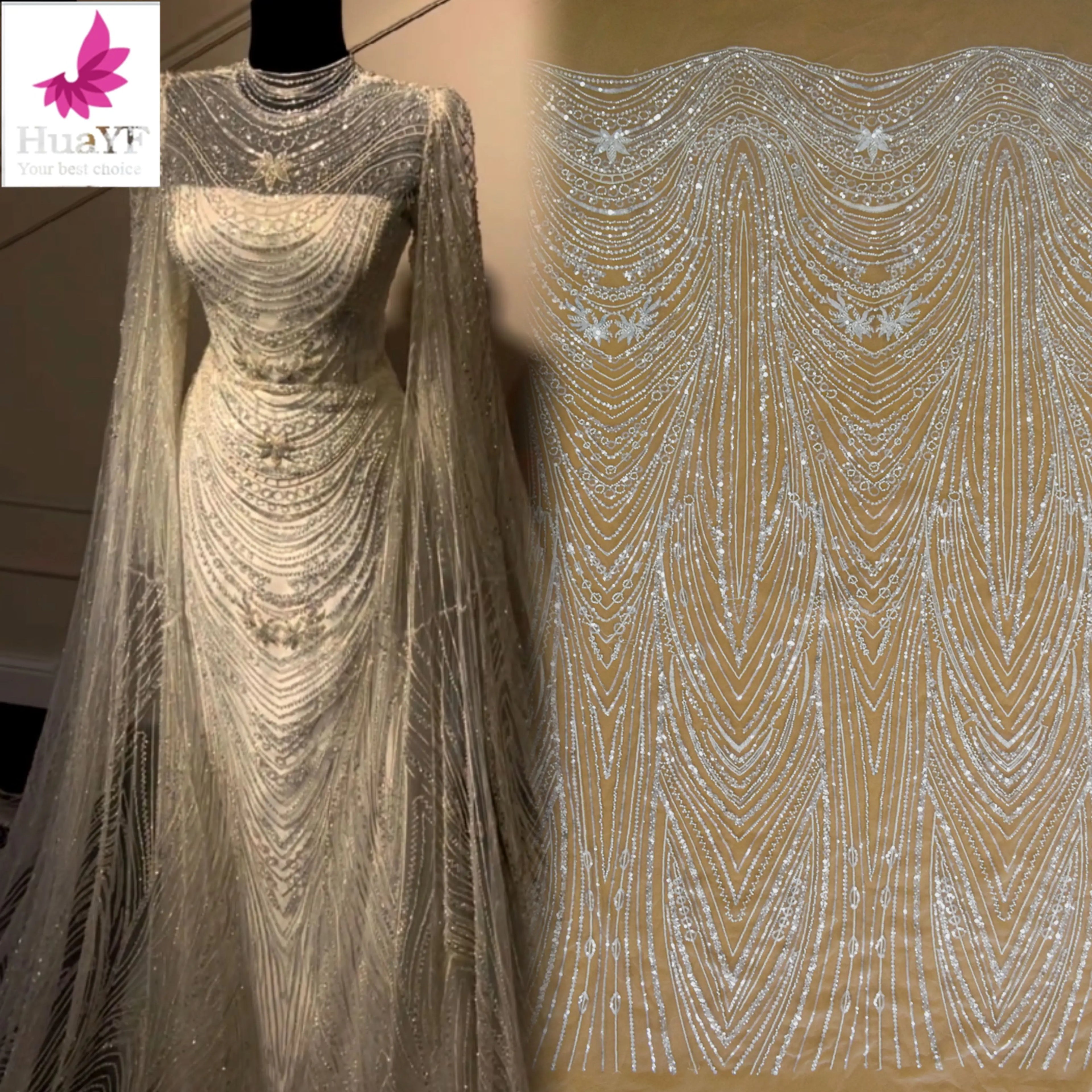 Luxury Bridal Wedding Couture White Beaded Lace With Shiny Sequins Dress Fabric  HY1846