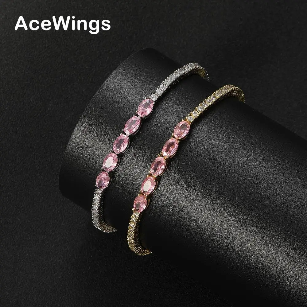 BB123   2MM Brass Zircon Tennis Chain Bracelet for Women Pink CZ Jewelry Gift