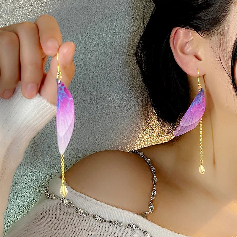 Boho Long Fringe Earrings with Tulle Butterfly Fin Pearl Earrings