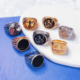 Olivia Brand Jewelry Rings for Men Waterproof Da Vinci Vitruvian Man Compass Ring Stainless Steel St Christopher Signet Ring