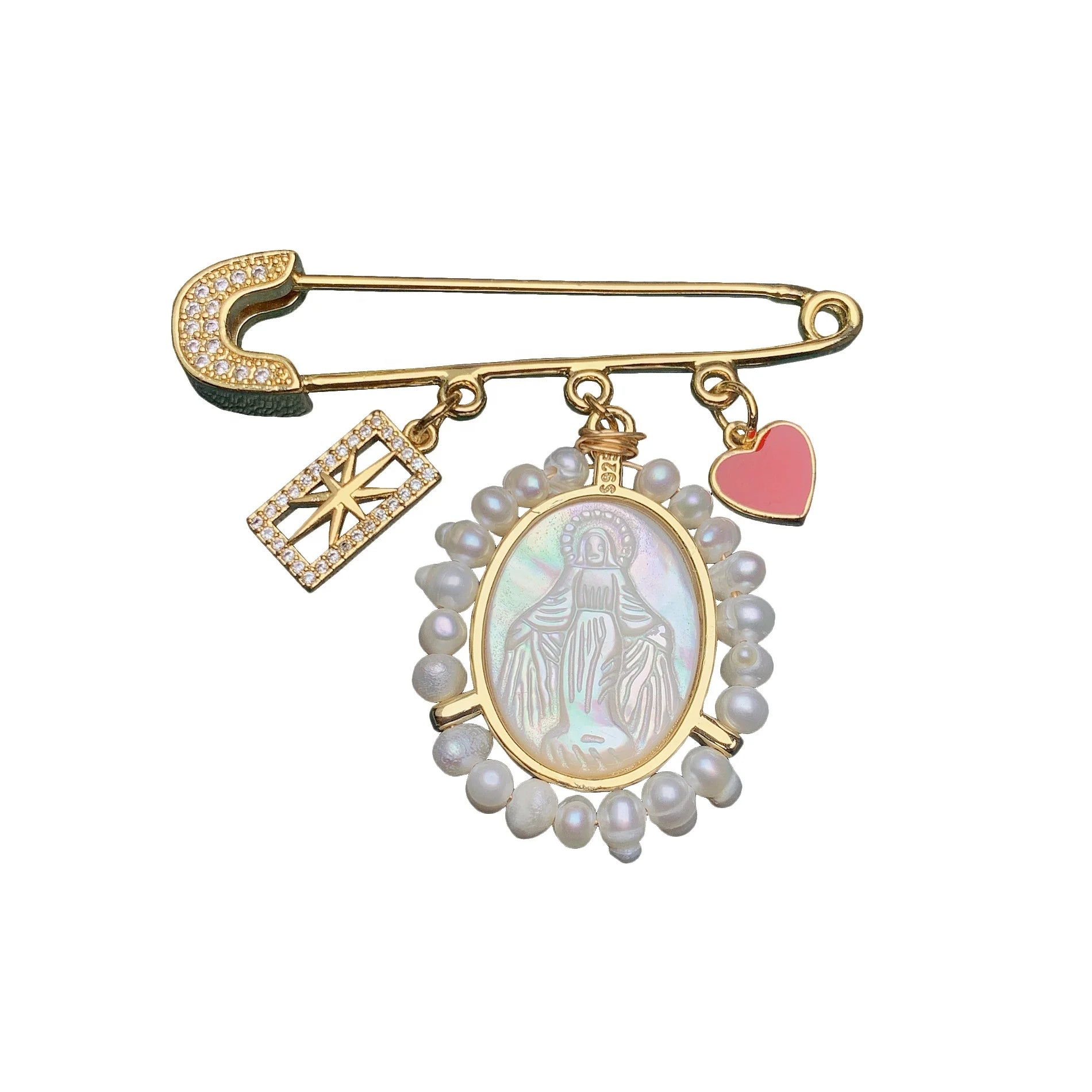 Fashion MPO Shell Pearl Zircon Virgin Mary Medal Brooches Pin for Women Luxury Brooch Jewelry