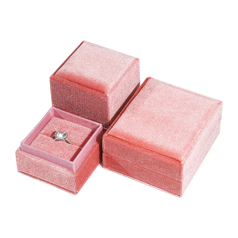 Custom Logo Velvet Pink Jewelry Packaging Box With Same Color Ribbon Luxury Earring Ring Necklace Velvet Jewelry Gift Box