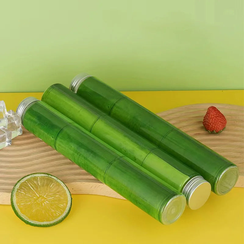400ml PET Disposable Bamboo Shape Slim Beverage Bottle Screw Cap Screen Printed Matte Finish for Milk Tea Juice Zhejiang