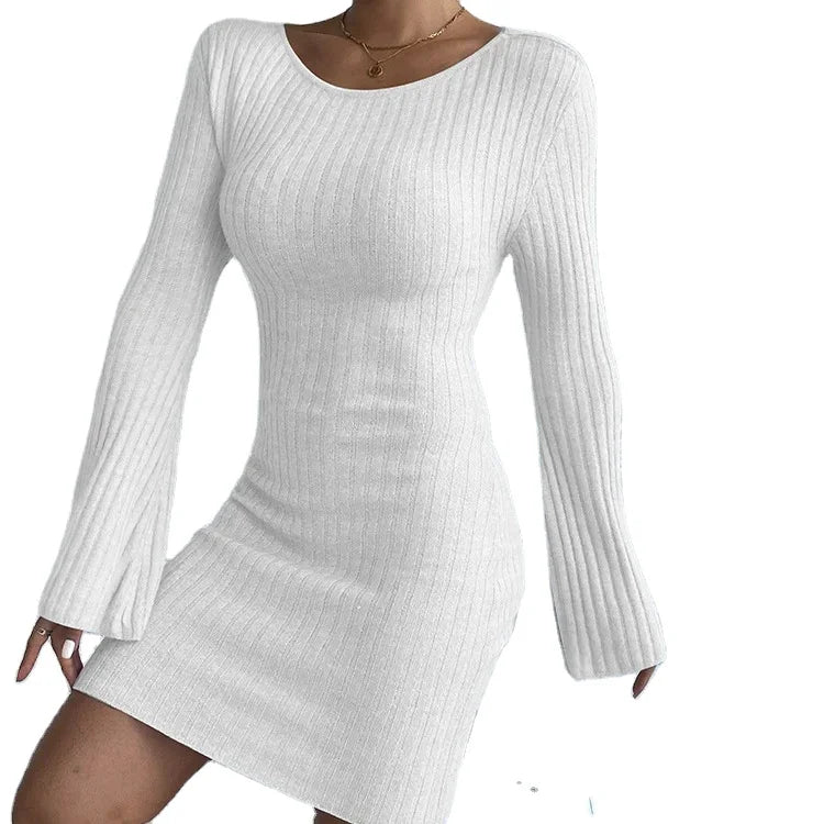 European and American Women's Sexy Backless Solid Color Long Sweater Dress Flare Sleeves Temperament Tight Knit Dress
