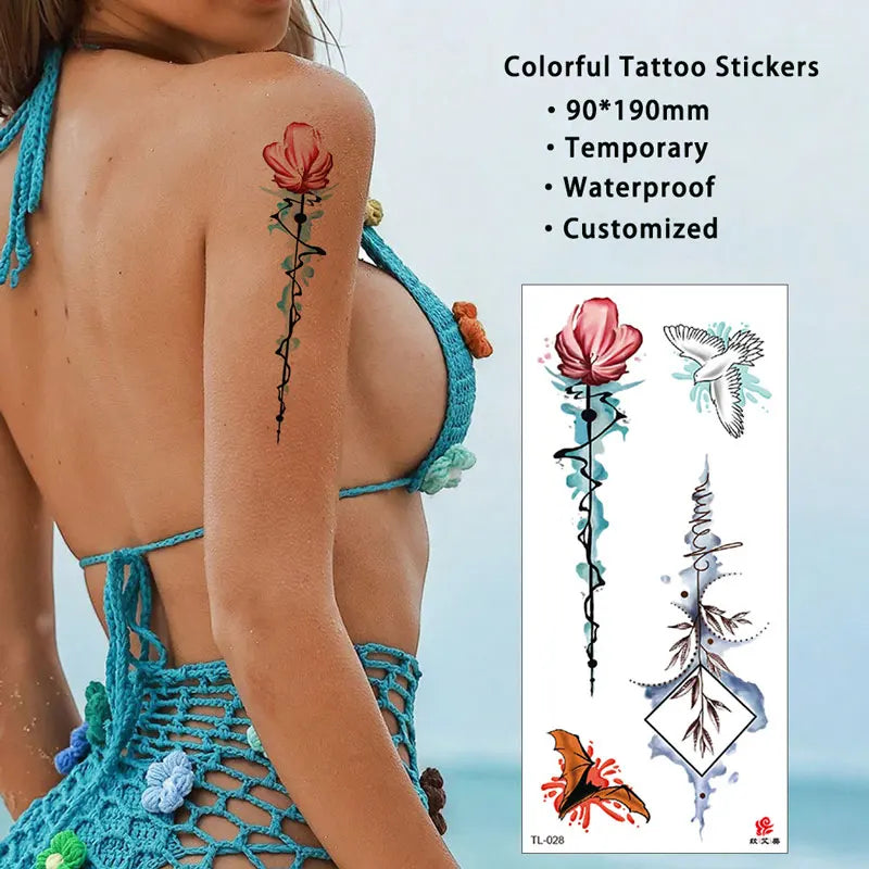 Wholesale Full Color Realistic Rose Flower Personalized butterfly Pattern Temporary Waterproof Water Transfer Tattoo Stickers