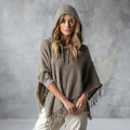 Women's Casual Breathable Anti-Pilling Knit Wool-Acrylic Hooded Poncho-Style Sweater Puff Sleeve Open Sides Front Logo Fringe