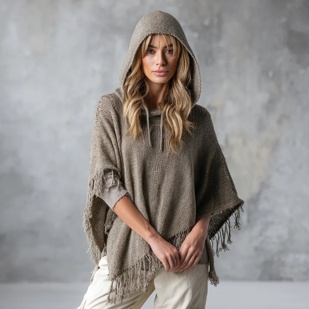 Women's Casual Breathable Anti-Pilling Knit Wool-Acrylic Hooded Poncho-Style Sweater Puff Sleeve Open Sides Front Logo Fringe