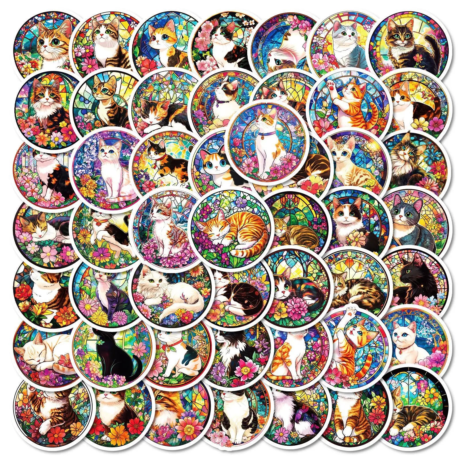 50Pcs Cartoon Stained Glass Cat Graffiti Stickers for Refrigerator Wall Decor Aesthetic Kitty Sticker