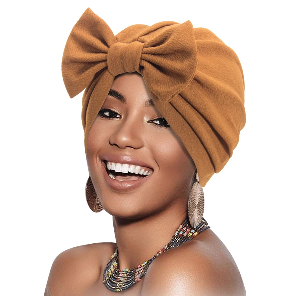 Hair Accessories Bow Tie Turban for Women Knotted Head Wrap Muslim Hat Soft Turban