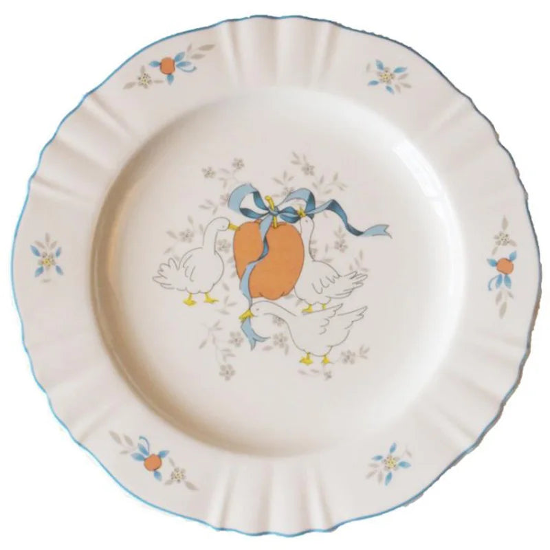 Retro Ceramic Floral Plate Ins French Cute Little Swan Breakfast Food Dessert  Plate