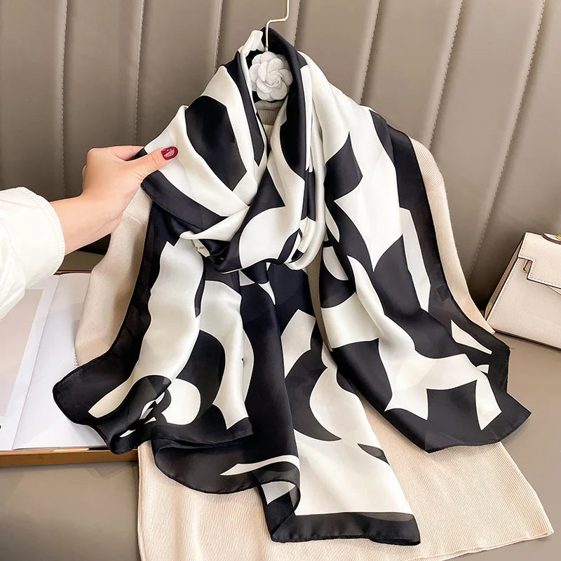 Wholesale 2023 Hot Sale Ladies Sunscreen Shawls Women Silk Feeling Scarfs Luxury Designer Black Flower Long Silk Scarf Hijabs