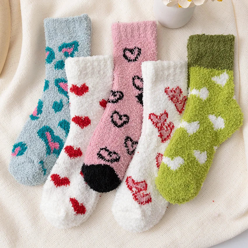 Women's Autumn and Winter Coral Plush Floor Cute Half Edge Plush Love Sleep Thickened Warm Fuzzy Socks