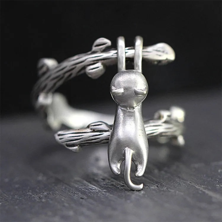 Popular Copper Silver Plated Cat Rings Adjustable Creative Cat Climbing Ring for Women Men