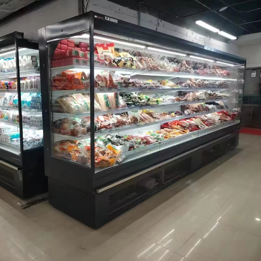 Custom Air Cooling Supermarket Open Chiller Fruit Showcase Multideck Refrigerated Display with Universal Wheels