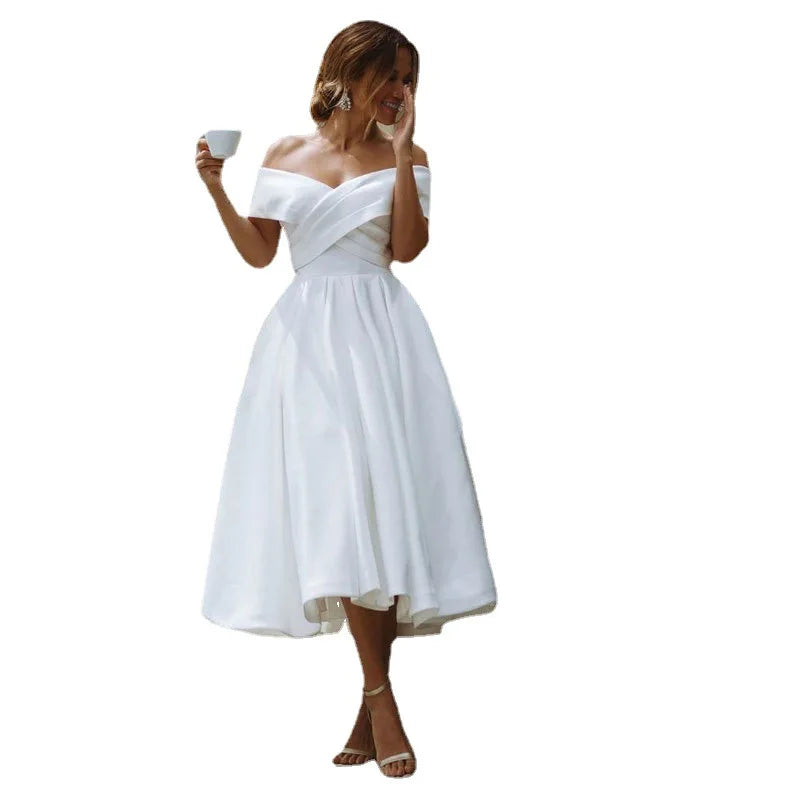S1342F New Satin Off-neck Elegant Simple Off-the-shoulder Party Dresses Women Evening