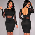 RNSHANGER Sexy Backless Black Ladies Dress Casual Mesh Patchwork Slim Fit Long Sleeve Dress See Through Women Pencil Dress