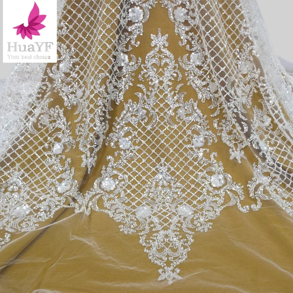 Bridal White Beads Lace Tulle Fabrics With Sequins 5 Yards for Wedding Collection  HY1740-4