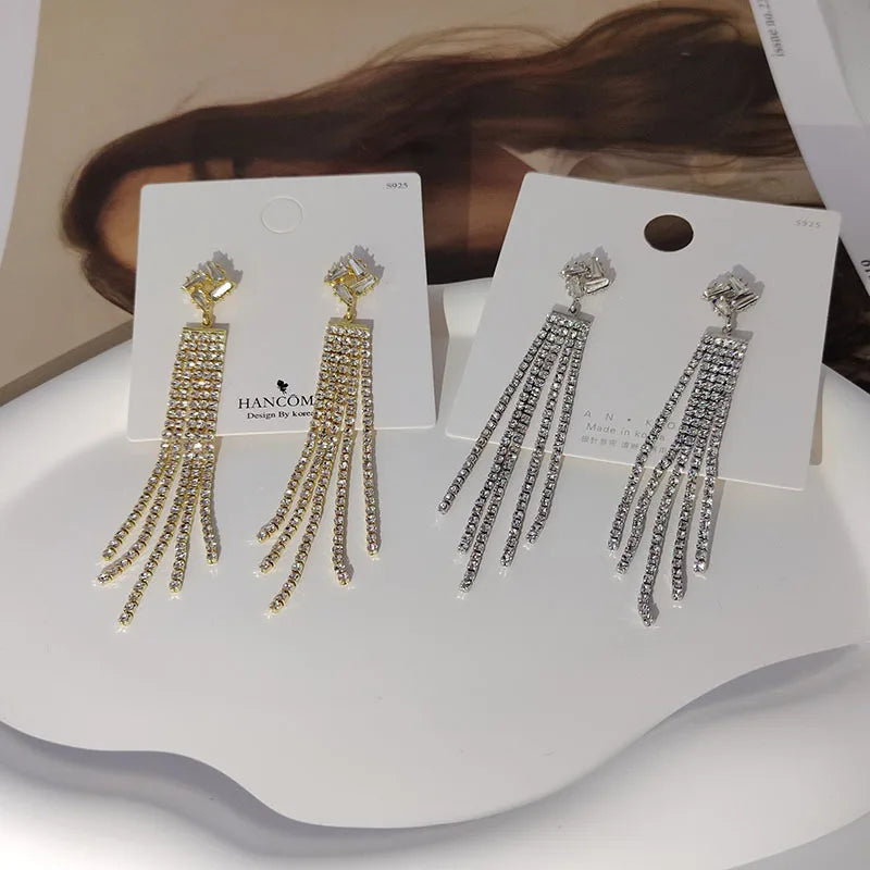 S925 Silver Needle European and American Long Tassel Rhinestone Earrings
