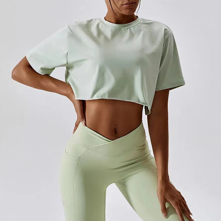 Women's Loose Cropped Yoga  Shirt Custom Logo Short Sleeve Breathable Gym T Shirt Running Workout Yoga Shirt