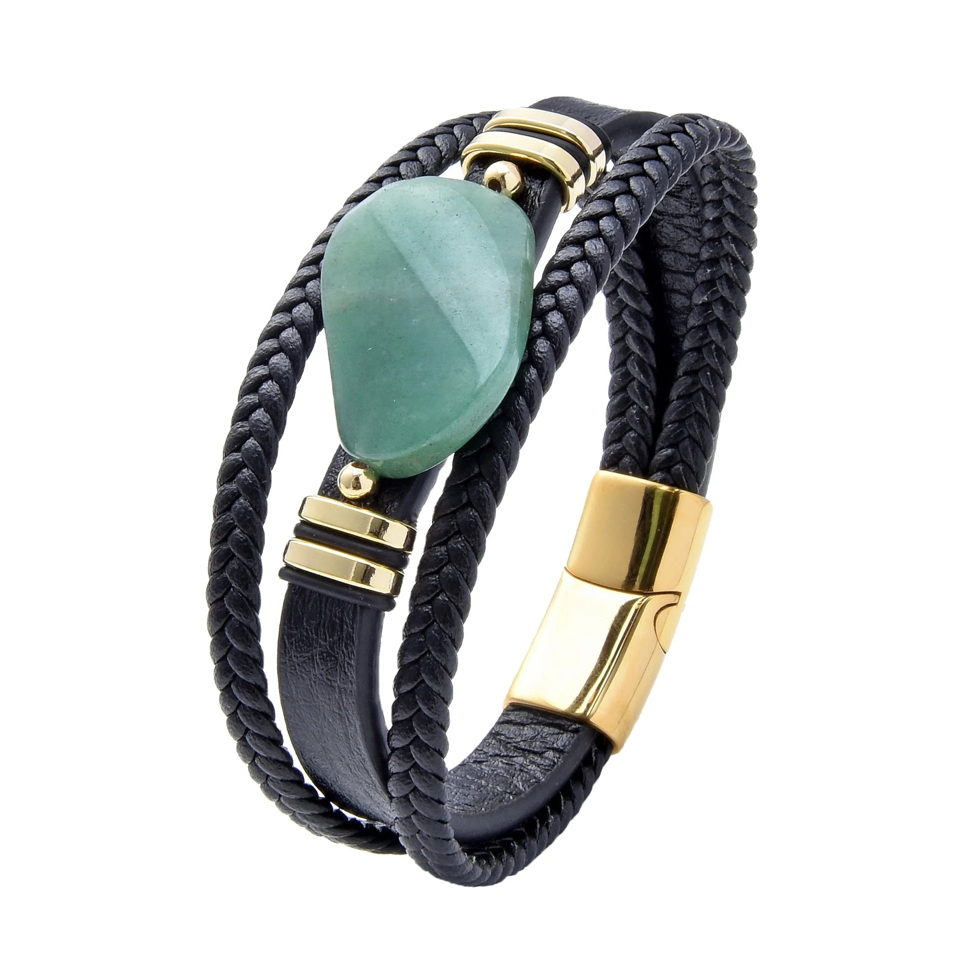 Rust Proof Stainless Steel Natural Stone Charm Genuine Cowhide Leather Bracelet for Men