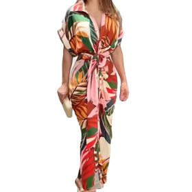 Summer Women's Print Short Sleeve High Waist Cardigan Irregular Dress Long Skirt