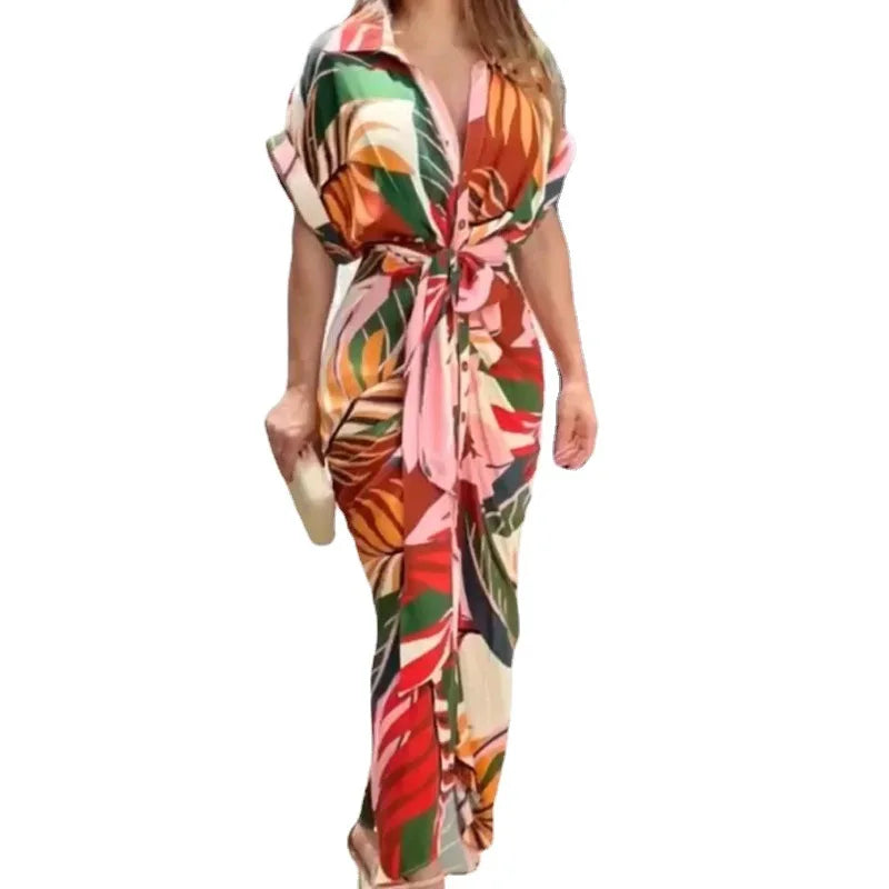 Summer Women's Print Short Sleeve High Waist Cardigan Irregular Dress Long Skirt