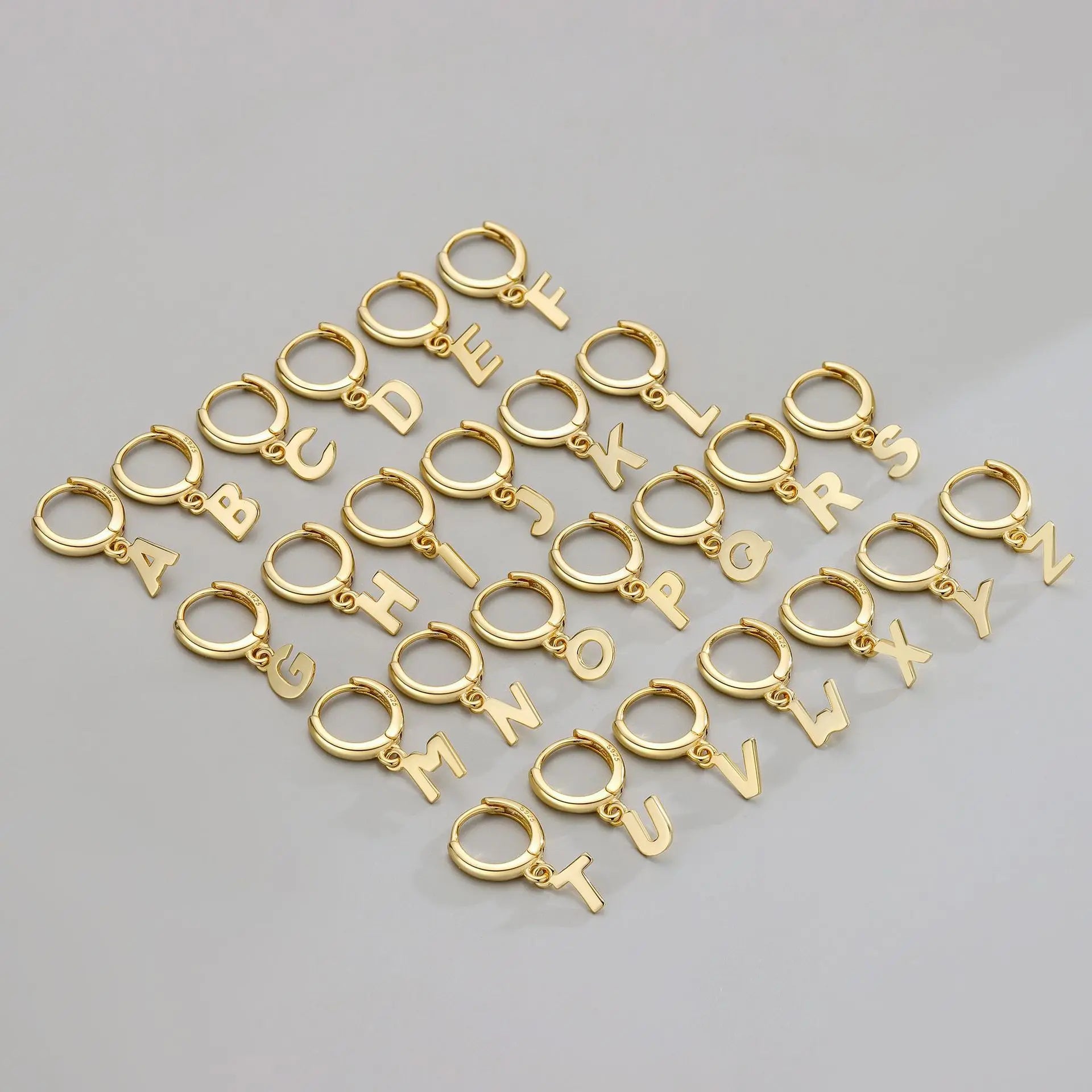 Fashion Jewelry 925 Sterling Silver Earrings Plain English 26 Letter Alphabet Pendant Gold Plated Hoop Earrings for Women