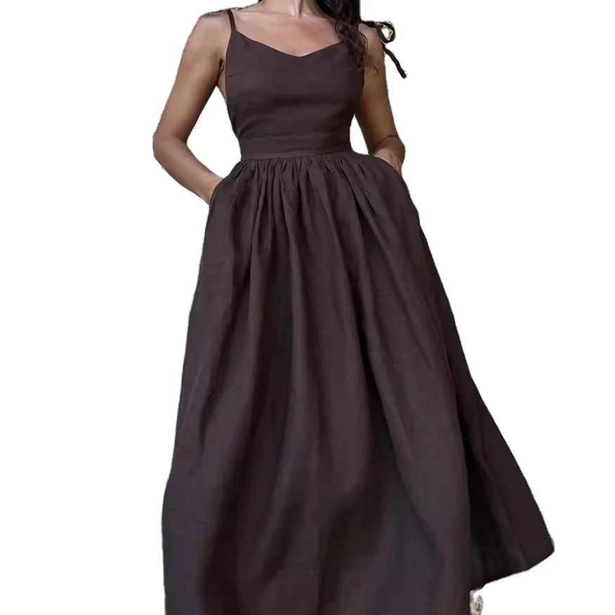 Elegant Linen Strap Maxi Dress