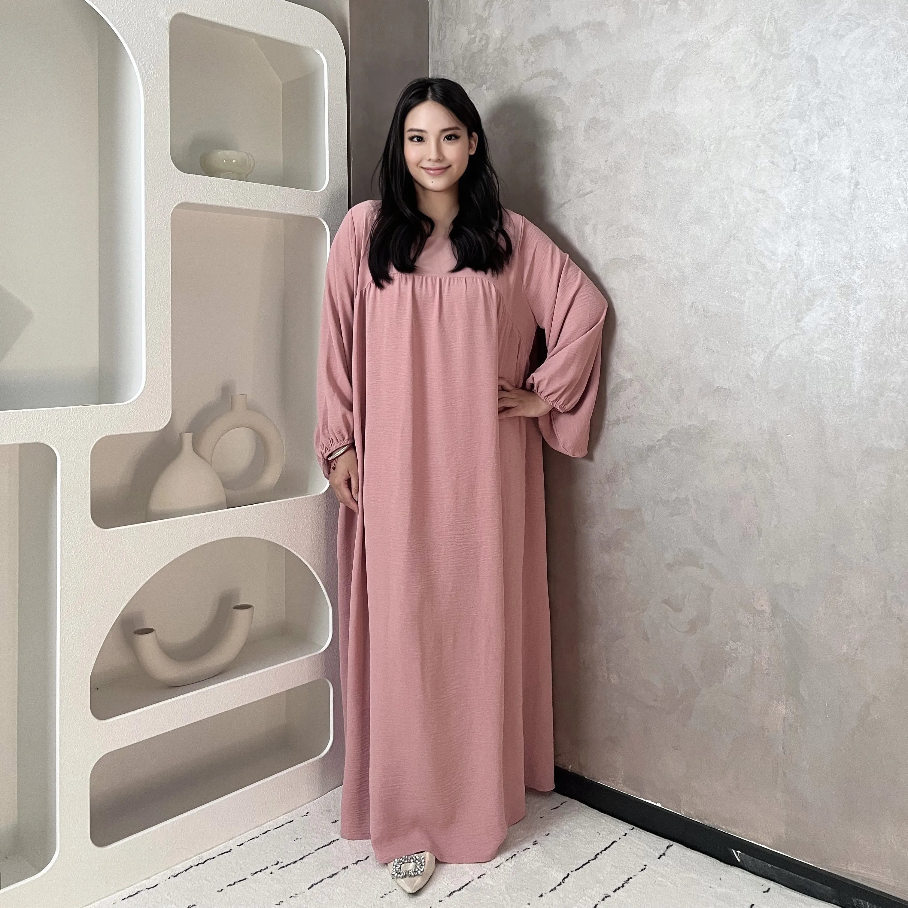 LM021 Balloon Sleeve Crepe Slip Abaya Dress Inner Bubble Sleeves Muslim Women Islamic Clothing Umrah Prayer Dress Modest