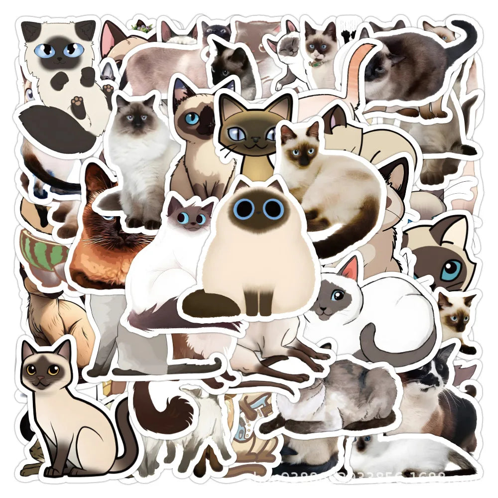 50Pcs Cartoon Siamese Cat Cute Graffiti Stickers for Gift Refrigerator Bottle Decor Vinyl Pet Cat Sticker