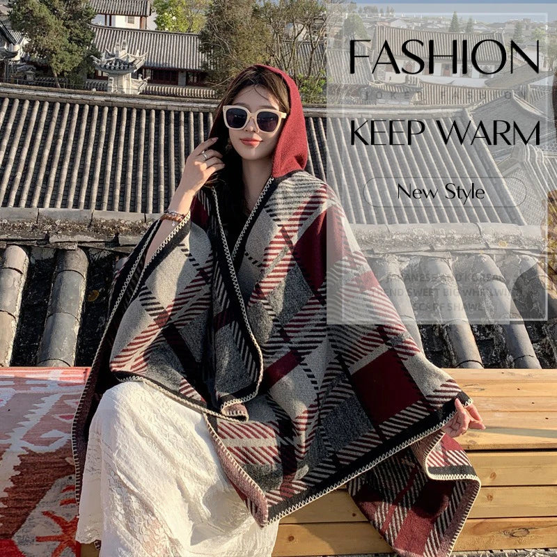 Autumn and Winter Warm Thick Plaid Cloak Hooded Shawl Casual Ethnic Style Scarf Shawl Coat