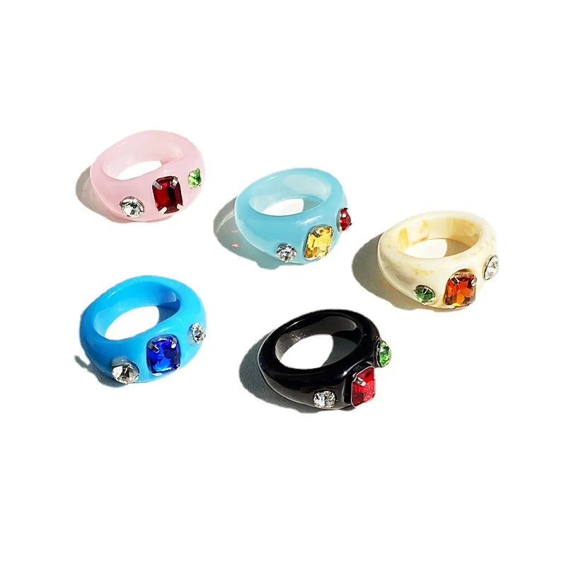 Trendy Colorful Geometric Irregular Square Round Ring for Women Girls Gifts Crystal Acrylic Resin Rings