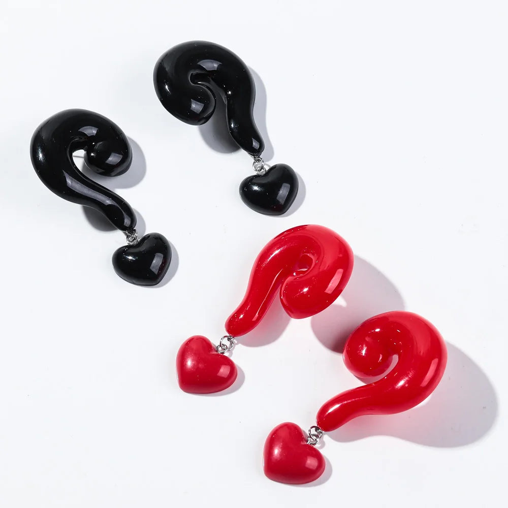 Hot Sale Red Black Question Mark Heart Earrings Personality Acrylic Stereoscopic Earrings for Women