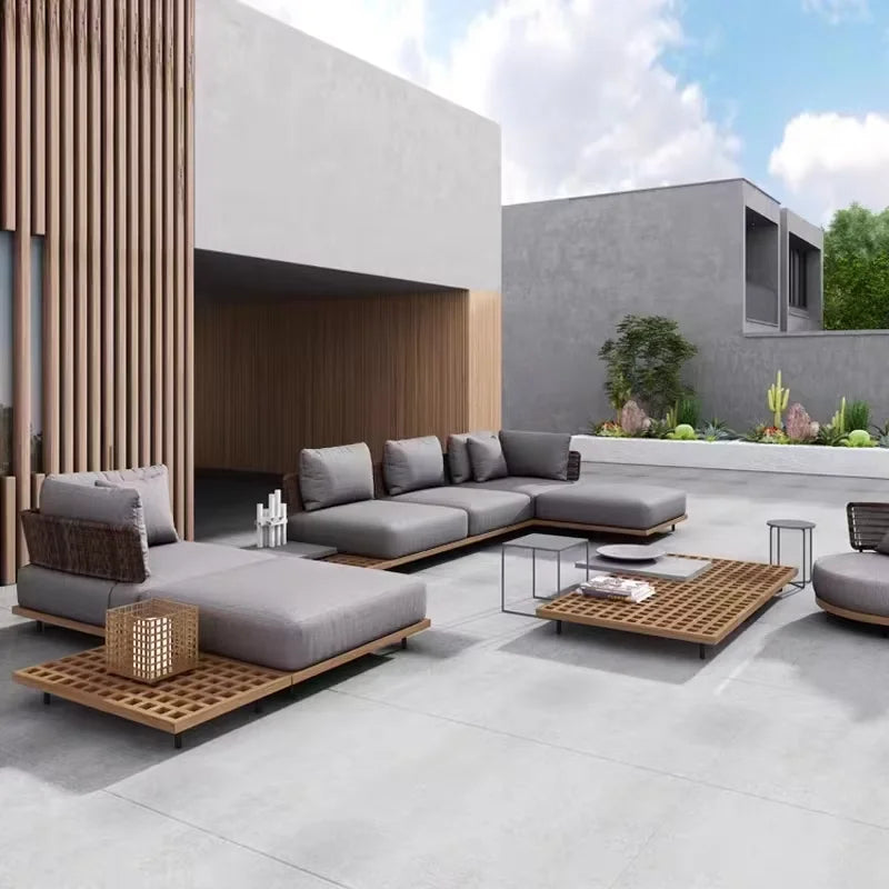Rectangular Garden Indonesia Teak Soft Sofa Set Patio Rattan Teak Wood for Hotel Bedrooms Resort Furniture Outdoor Contemporary