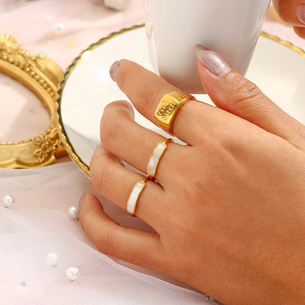 Guarantee Dreamshow  Rectangle Shell Band Thin Ring Gold Plated Stainless Steel Rings Women Trendy Shell Jewelry Mother of Pearl