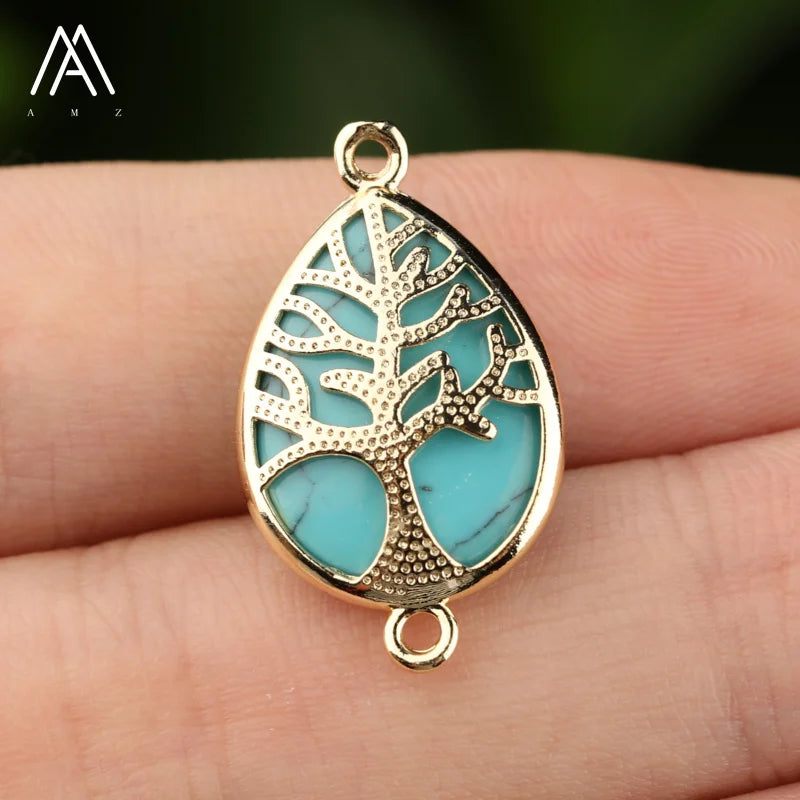 Teardrop Gemstone Connectors DIY Findings  with Gold Color Tree Charms Crafts Jewelry