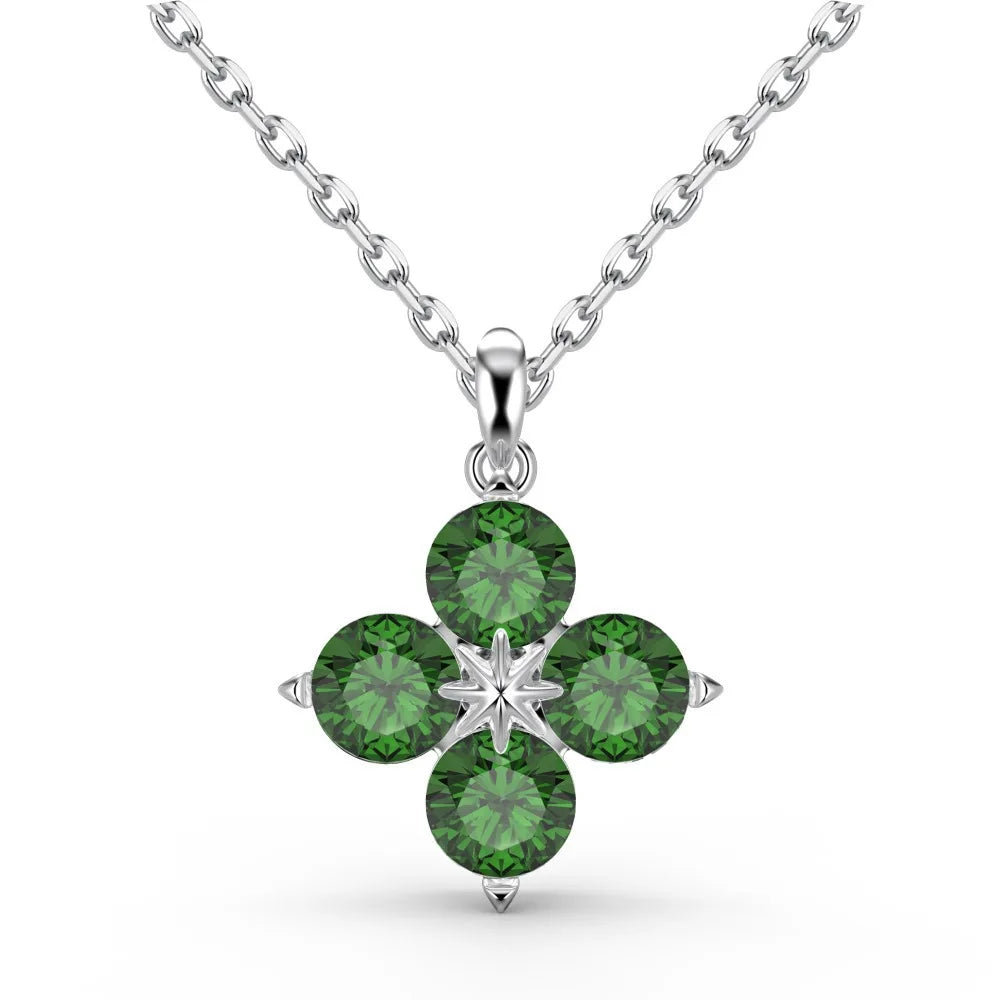 Fine Lucky Jewelry 925 Sterling Silver Round Green Crystal Four Leaf Clover Pendant Necklace
