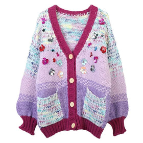 Women Fancy Yarn Sequins and Beaded Cardigan Thick Oversized Sweater for Winter