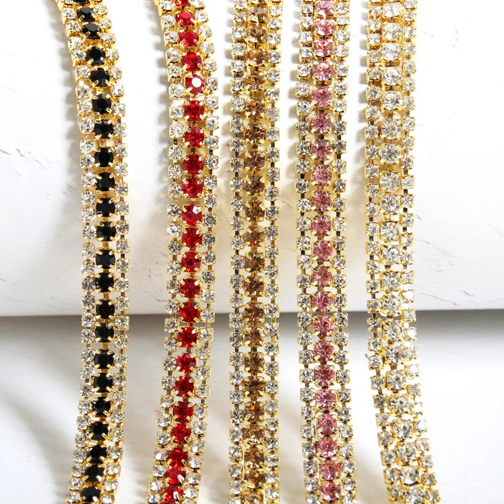 3-Row Gold Sole Crystal Rhinestone Stretch Chain DIY Home Bag Shoe Decoration Accessories Sew-On Glass Edging