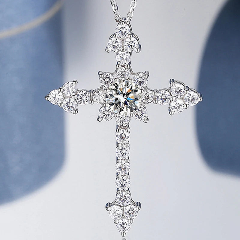 Sterling Silver Cross Design Dainty Pendant and Chain Necklace Moissanite Men Pendant for Couple Male Female