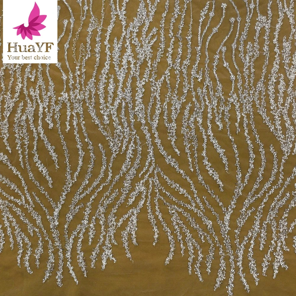 New Hot Sale African White 3d Silver Beaded Sequins Lace Wedding Bridal Dress Fabric for Show 5 Yards HY1497-3