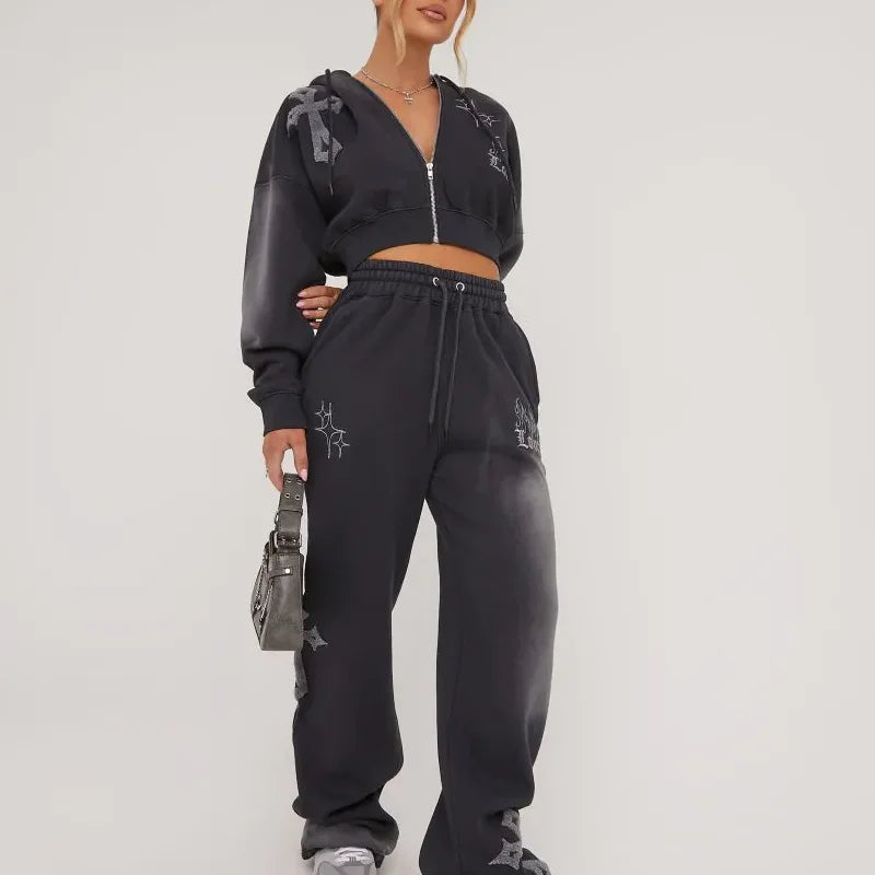 Custom Comfortable Fit Stylish Patch logo Hoodie Print Pant Track Set for Women