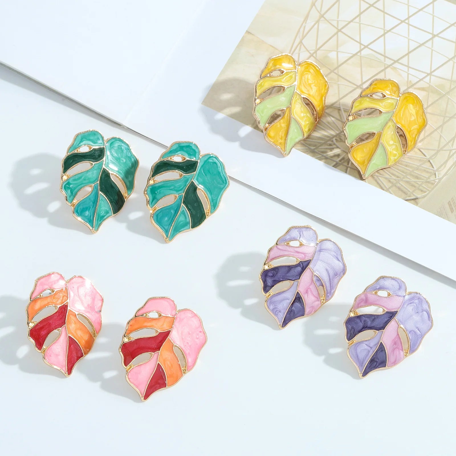 2026 Hot Sale Colorful Hawaiian Cute Designer Leaf Earrings Bohemian Gold Plated Enamel Stud Earrings for Girls Jewelry